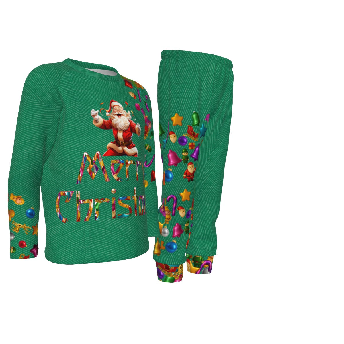 Kid's Knitted Fleece Christmas Set- pullover & pajamas. Unique Design in Christmas Green. WickedYo.